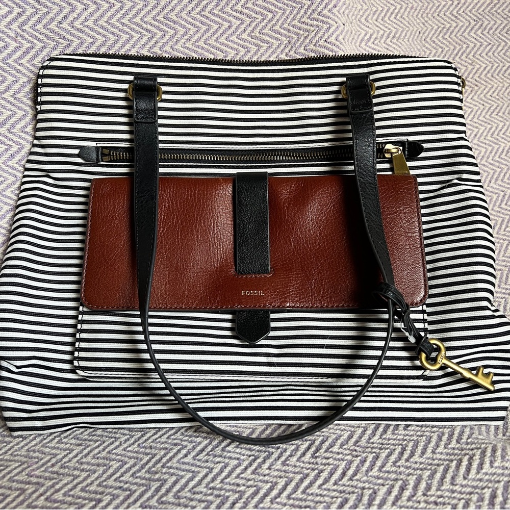 Fossil Black and Brown Striped Tote Bag